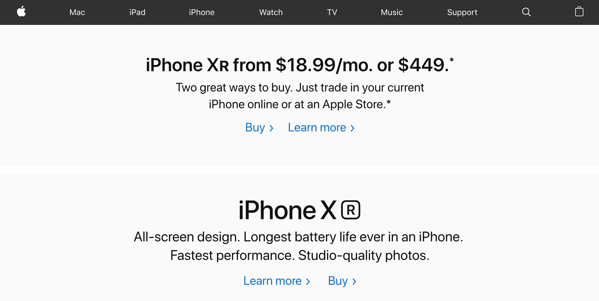 Apple homepage showing iPhone Xr promotion (2019)
